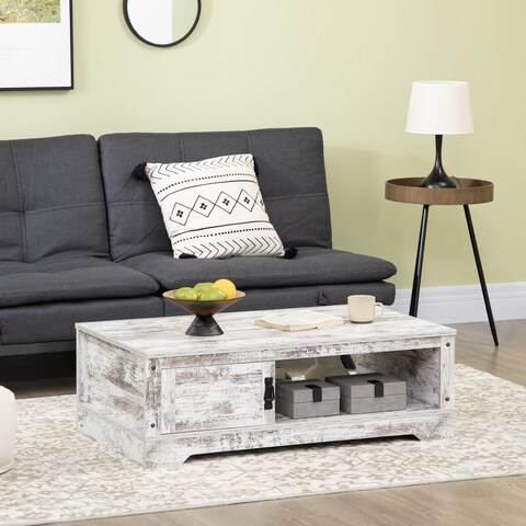 HOMCOM Coffee Table, Vintage Style Tea Table with Cabinet, Open Storage Compartments, Coffee Tables for Living Room, White