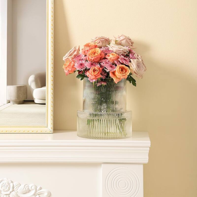 Ribbed Glass Vase, Large Glass Vase, Flower Vase, Fluted Glass Vase for Flowers, Modern Vase, Clear Glass Vase
