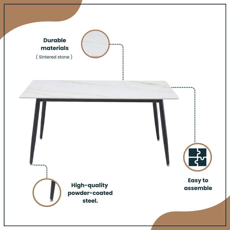 Zayle Mid-Century Modern Glass or Sintered Stone Rectangular Dining Table with Powder-Coated Steel Finish for Kitchen