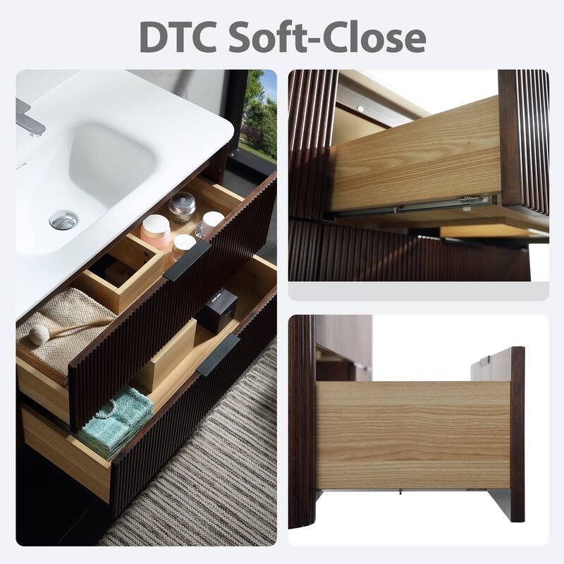 Modland Fluted Floating Vanity with Sink, Plywood Wall Mount Cabinet, Curved Edge, 24/30/36 Inch