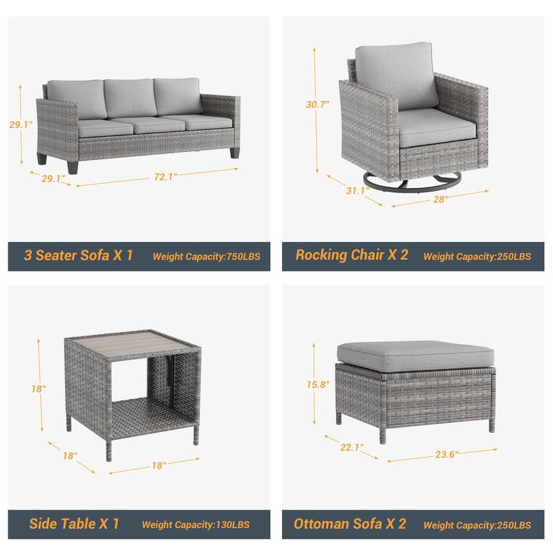 LIVOOSUN Patio 6Pcs Furniture Conversation Gray Rattan Swivel Rocking Sofa Set