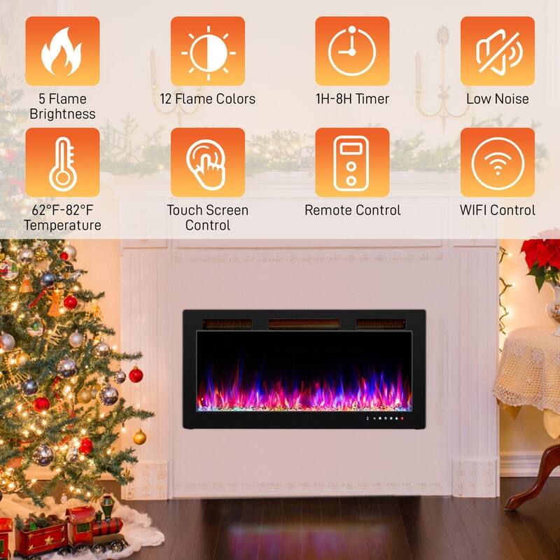 30/36/42/50/60 Inch Wall-Mounted/Built-in Electric Fireplace with WIFI Function and 12 Color Adjustable Flames