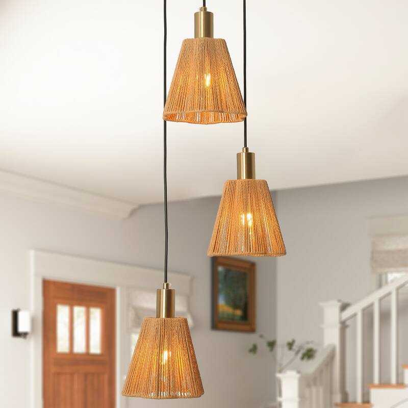 15" W Brass 3-Light Kitchen Island Pendant Light with Paper Rope Shades