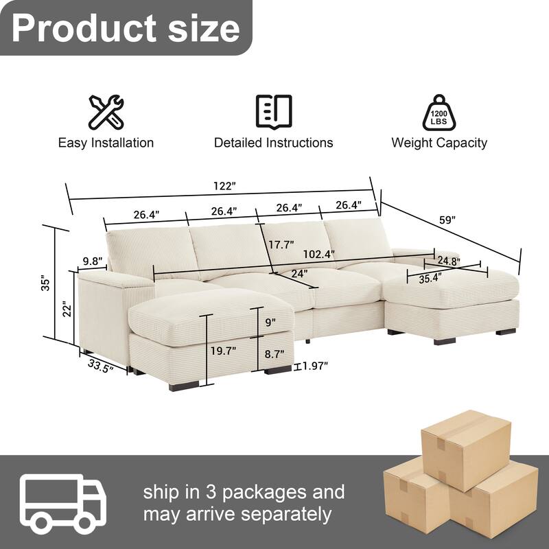 122" Corduroy U-Shaped Sectional Sofa with 2 Ottomans, Deep Seating and Arm Storage - Convertible 4-Seat Sleeper Sofa