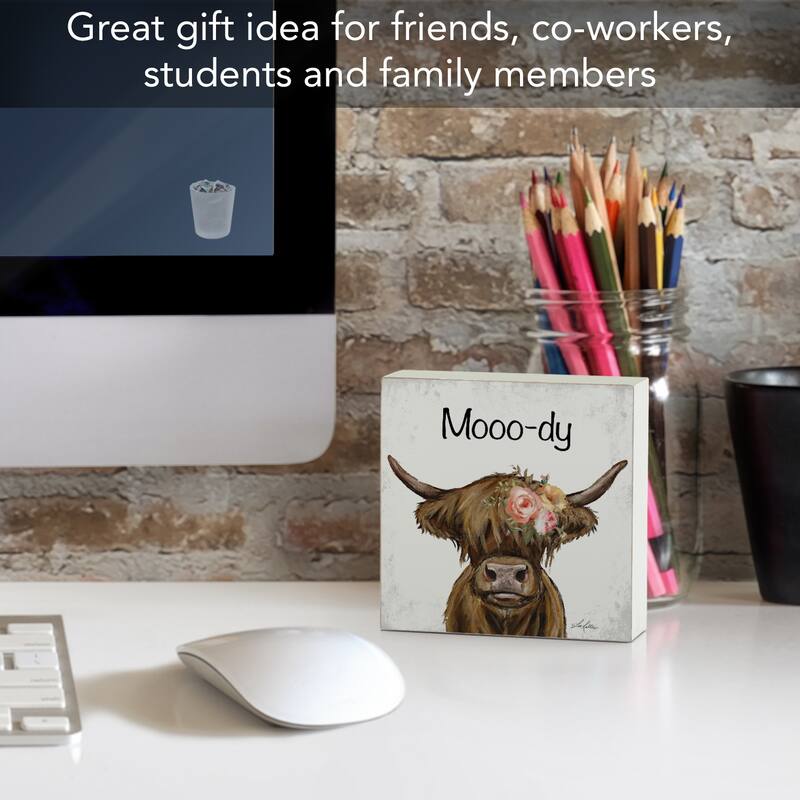 Mooo-dy Artistic Freestanding Solid Wood Block Sign Made in the USA 3.75” Square Decorative Accent for Home or Office - Multi