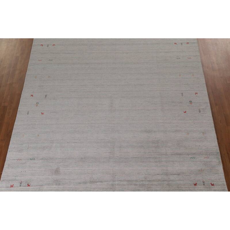 Striped Beige Gabbeh Oriental Area Rug Hand-Knotted Wool Carpet - 9'0"x 11'9"