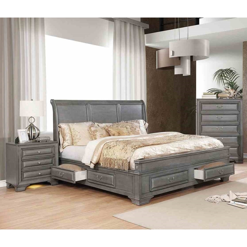 Royal 3pc Storage Bedroom Furniture Set Gray Finish
