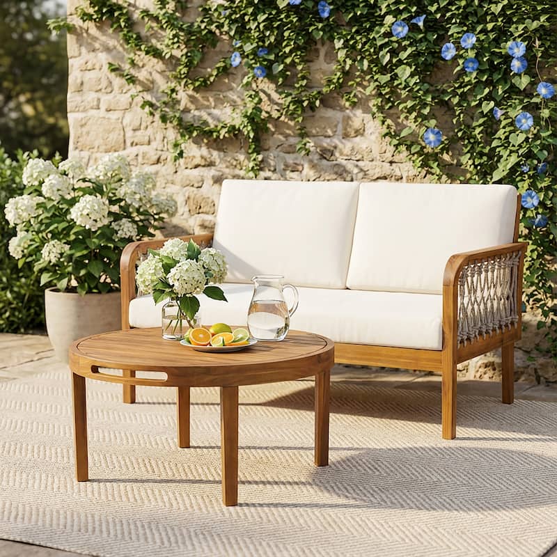 Christopher Knight Home - Outdoor Acacia Wood Loveseat and Coffee Table Set with Handwoven Rope - Loveseat + Table - Teak Finish+Oatmeal Rope+Cream Cushion