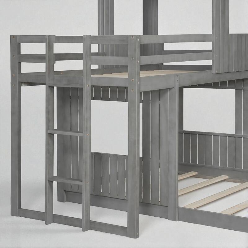 Wooden Twin Over Full Bunk Bed with Playhouse Design, Farmhouse Loft Bed with Ladder and Guardrails