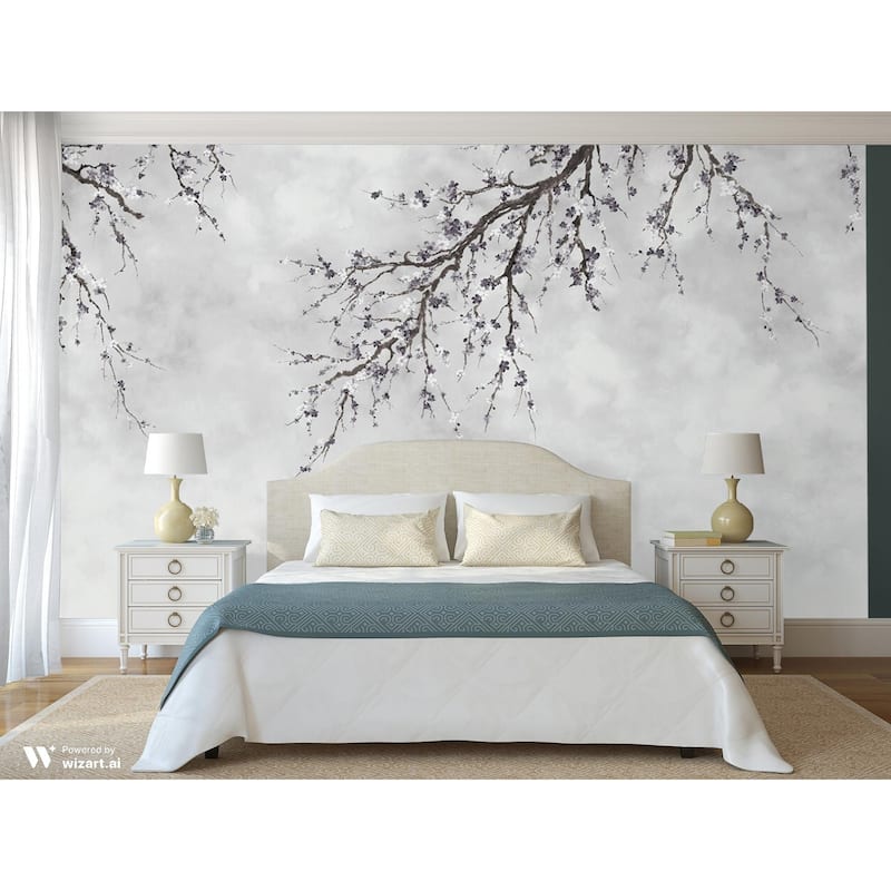 Elegant Cherry Blossom Branch Wallpaper Mural – Minimalist Floral Design for Serene Interiors