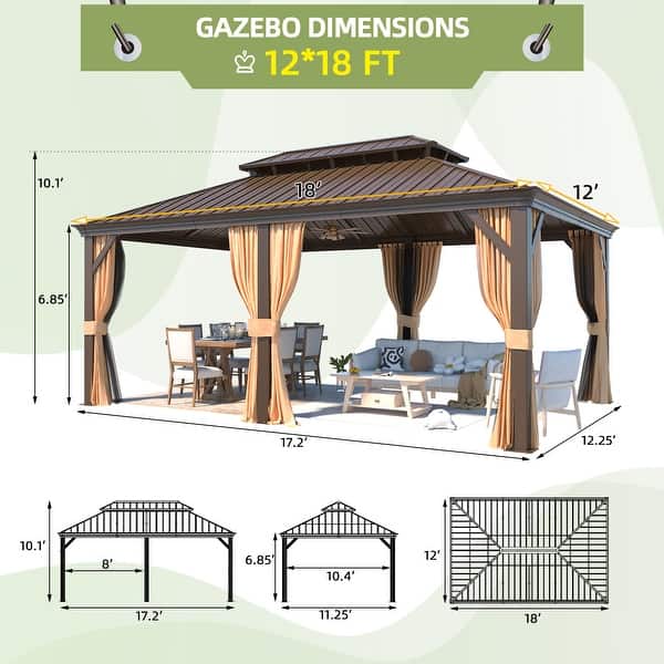 dimension image slide 7 of 17, Outdoor Hardtop Gazebo Pergola w Galvanized Steel Roof and Aluminum Frame, Prime Curtains and nettings include