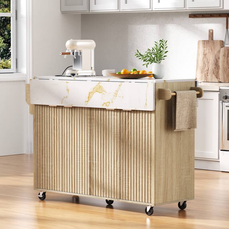 55.5" Fluted Kitchen Island with 2 Drop Leaf, Power Outlet, 4 Doors & Spice Rack