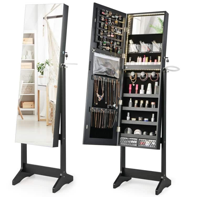 Full Length Mirror Jewelry Organizer with Adjustable LED Lighting - 16" x 14.5" x 61.5" (L x W x H)