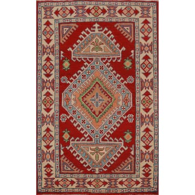 Geometric Red Kazak Foyer Rug Handmade Wool Carpet - 2'7"x 3'10"