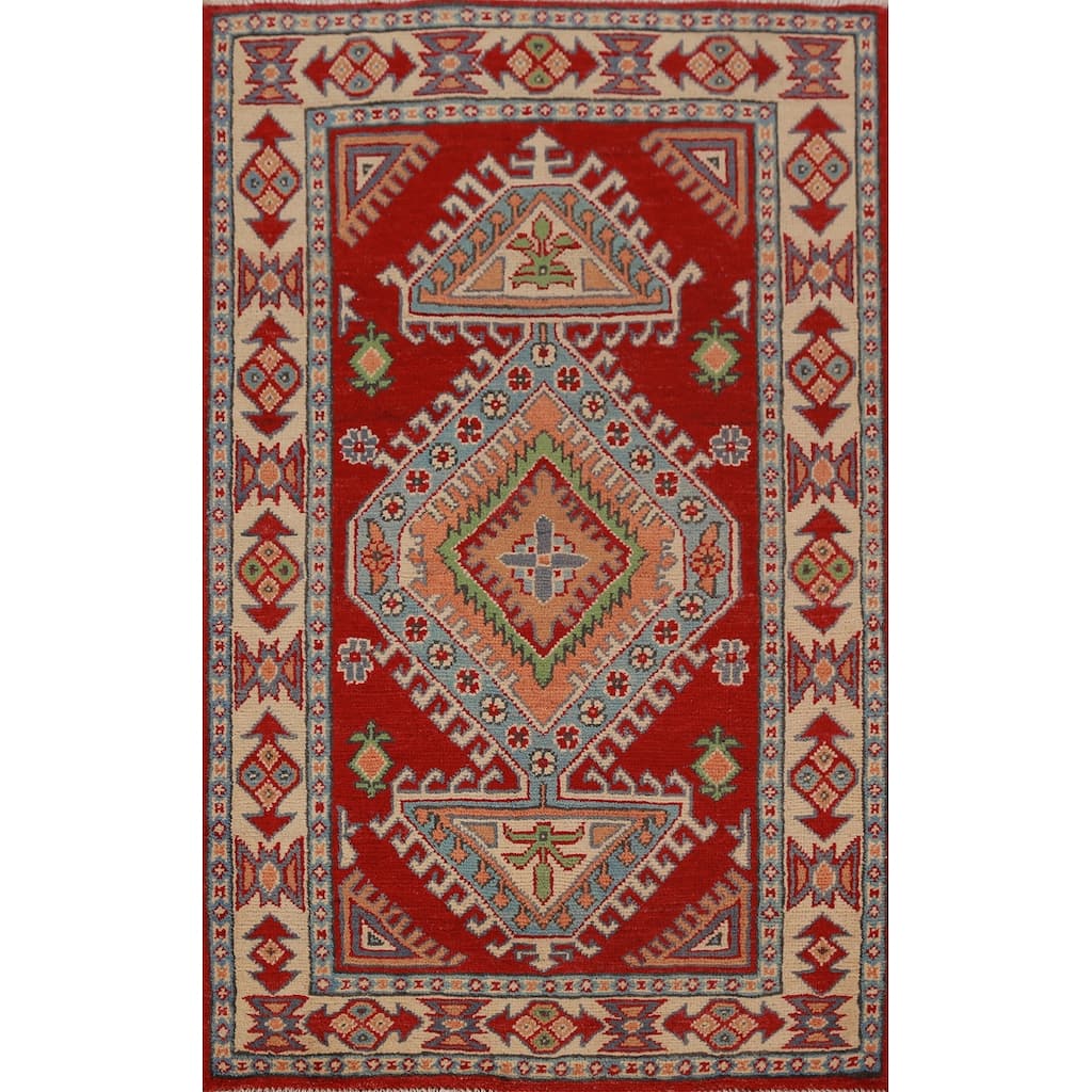 Geometric Red Kazak Foyer Rug Handmade Wool Carpet - 2'7"x 3'10"