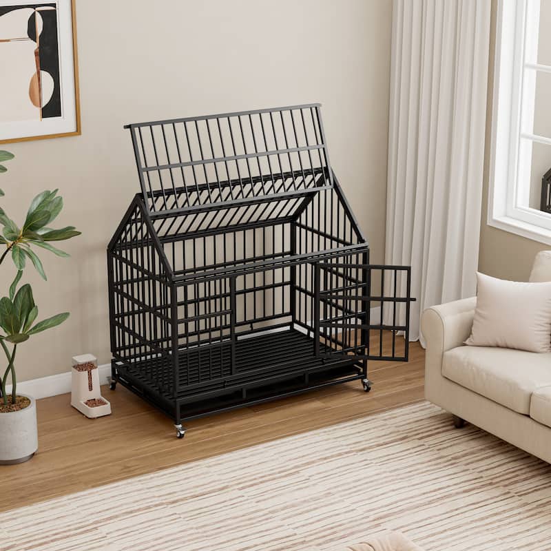 48 Inch Heavy Duty Dog Crate with Wheels, Folding Big Dog Cage for Large and Medium Dogs with a pointed roof and Removable Tray