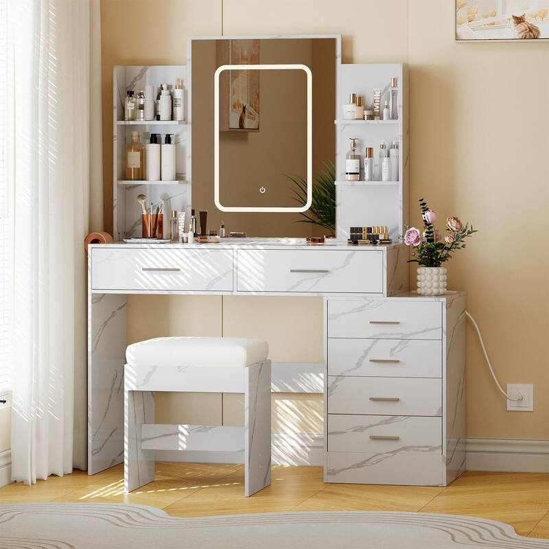 Makeup Vanity with Mirror, 6 Drawers, Shelves, Charging Ports, Hairdryer Holder, Stool