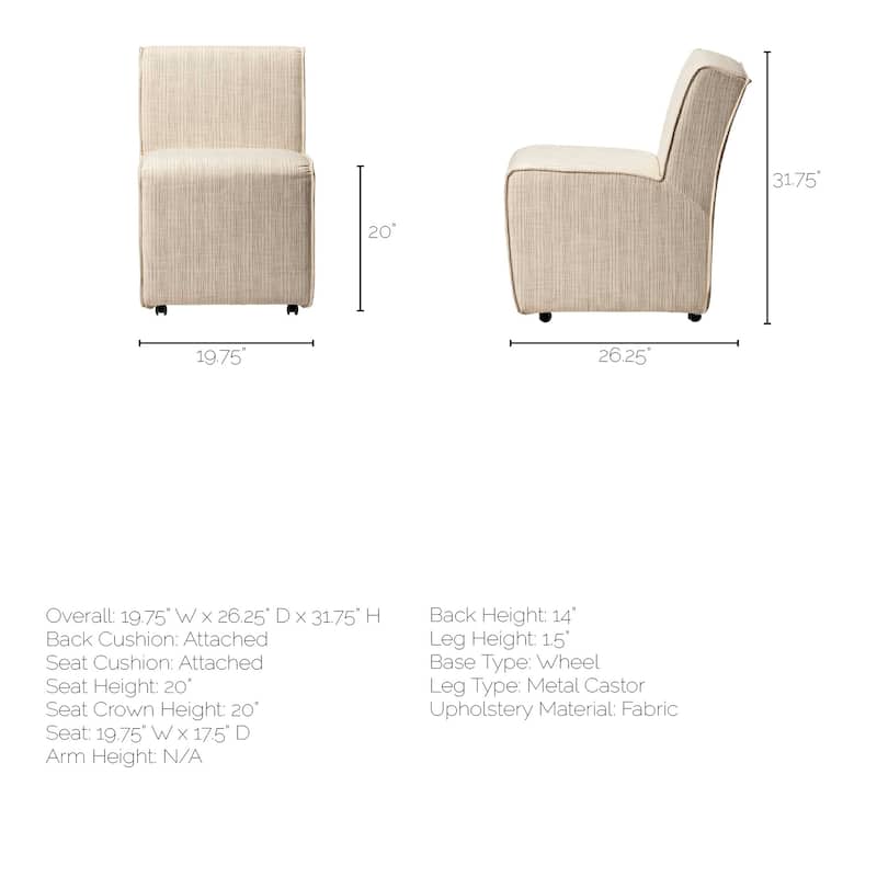 Damon Fully Upholstered Cream Fabric Dining Chair on Casters (Set of 2) - 20"W x 26"D x 32"H