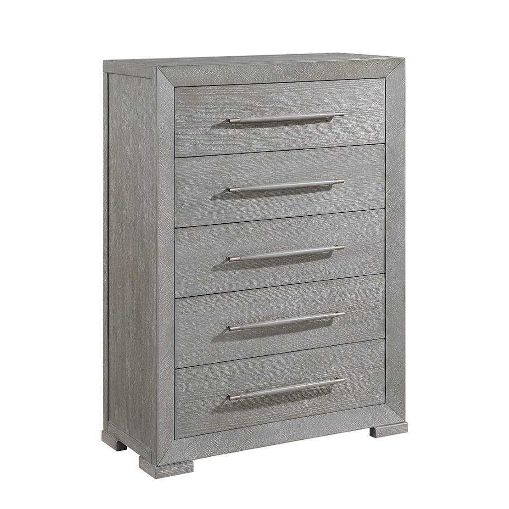 Ova Tall Dresser Chest, 5 Drawer w Wide Wood Accent Handles, Gray