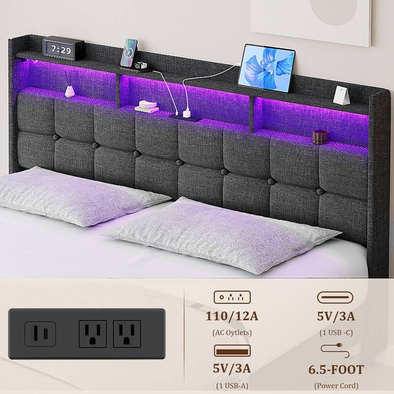 King Size Upholstered Platform Bed with LED Lights, Charging Station & Storage Headboard, No Box Spring Needed