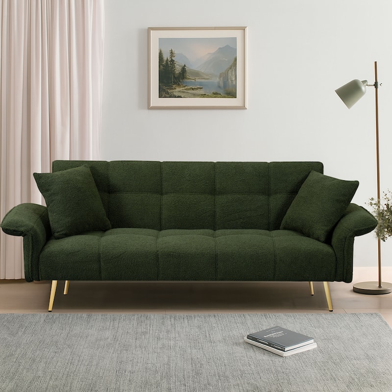 Modren Teddy Fabric Upholstered Convertible Futon Sofa Bed with Folding Armrests - Green