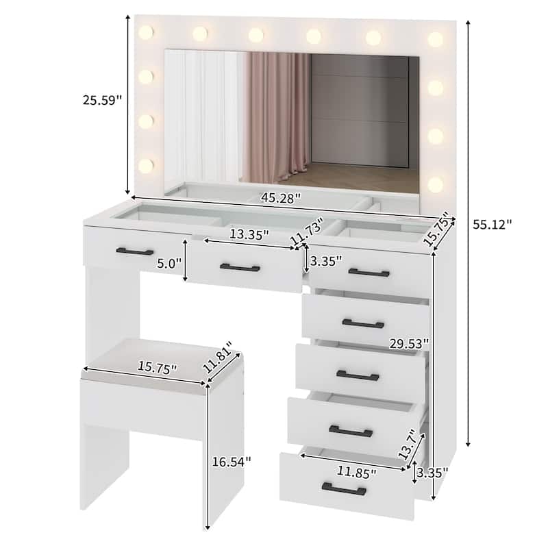 White Vanity Desk Set with LED Lighted Mirror Cushioned Stool 7 Drawers Glass Tabletop and USB Charging Station