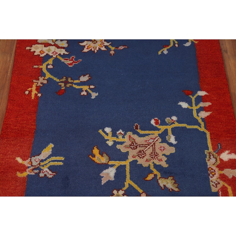 Blue & Red Floral Art Deco Oriental Rug Handmade Wool Carpet - 3'11" x 5'11"