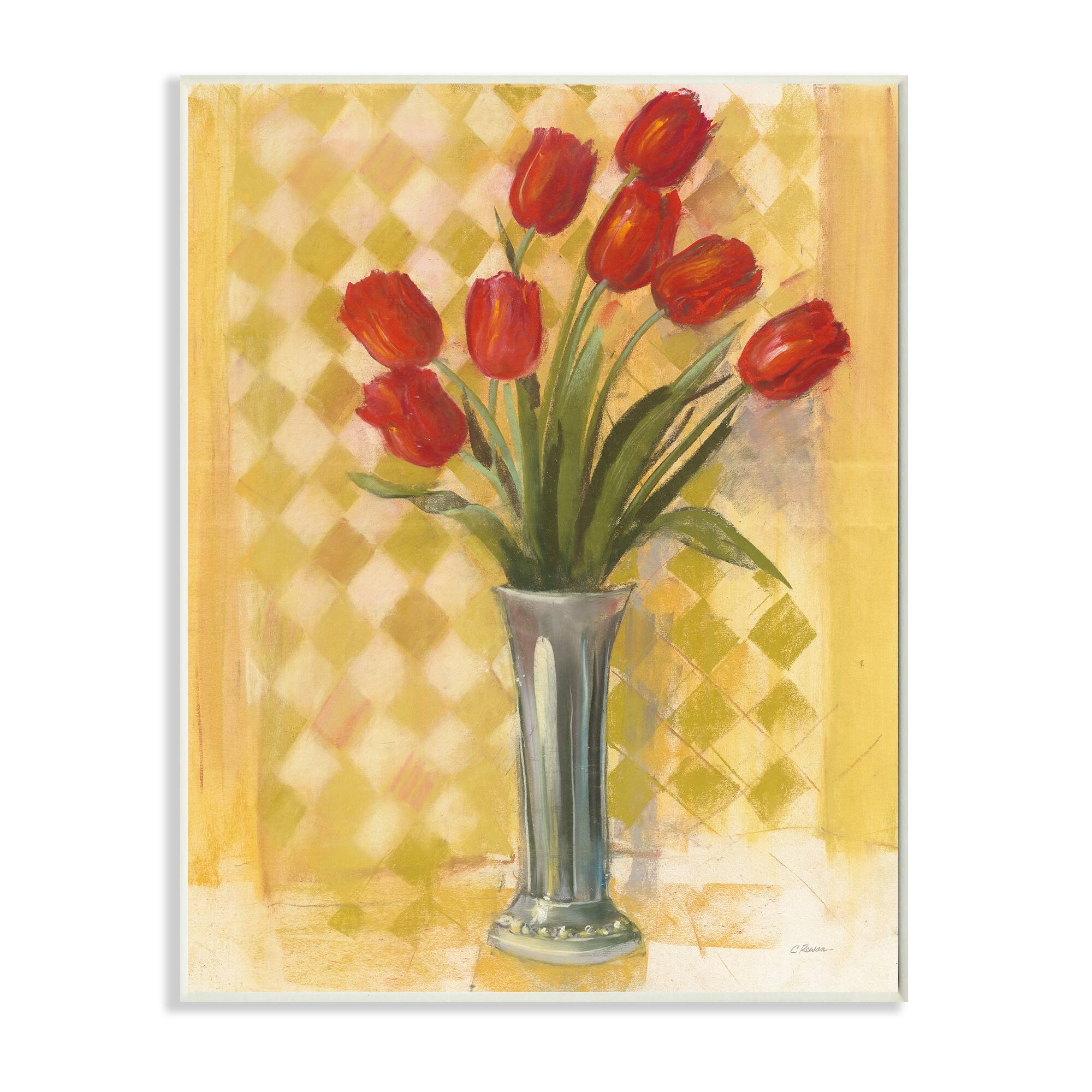 Stupell Industries Red Tulip Vase over Yellow Checker Plaid Wood Wall
