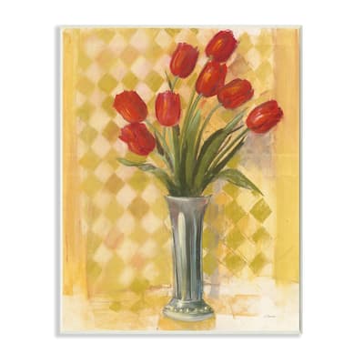 Stupell Industries Red Tulip Vase over Yellow Checker Plaid Wood Wall Art