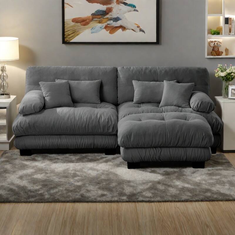 94.4" 2-Seater Chenille Cloud Couch with 4 Pillows and Convertible Ottoman - Gray