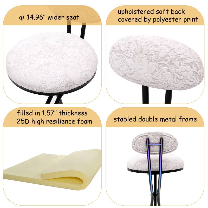 Round Print Bar Stools Set of 2 Metal Upholstered Chairs for Kitchen Island & Dining Rooms Counter Stools