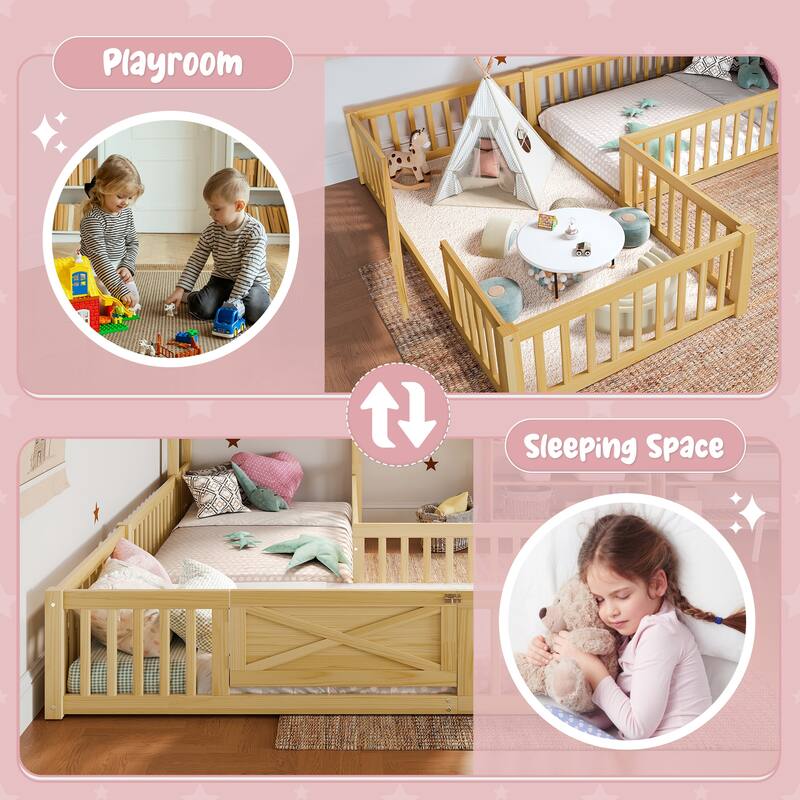 Roomfitters Double House Floor Bed with Door, Solid Wood Frame with Fence Guardrails for Playroom