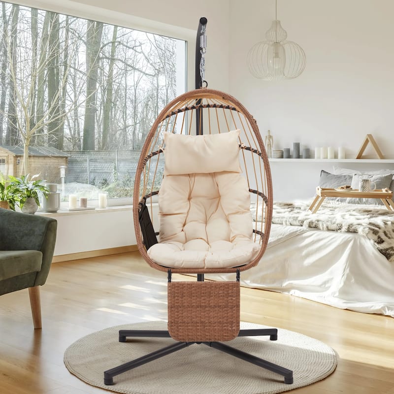 EROMMY Hanging Egg Chair with Stand, Foldable Indoor/Outdoor Swing Chair includes Cushion and Pillow, Patio Wicker Swing