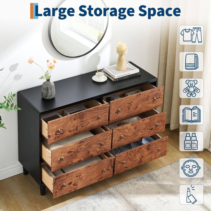 Modern Chest of Drawers with Natural Texture, Curved Profile Design, Dresser TV Stand, Wood Drawer Organizer for Bedroom
