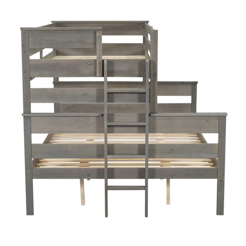 Twin XL Over Queen Bunk Bed with Ladder & Slat Support, Solid Wood Bunk Bed Frame with Safety Guardrail, Separated into 2 Beds