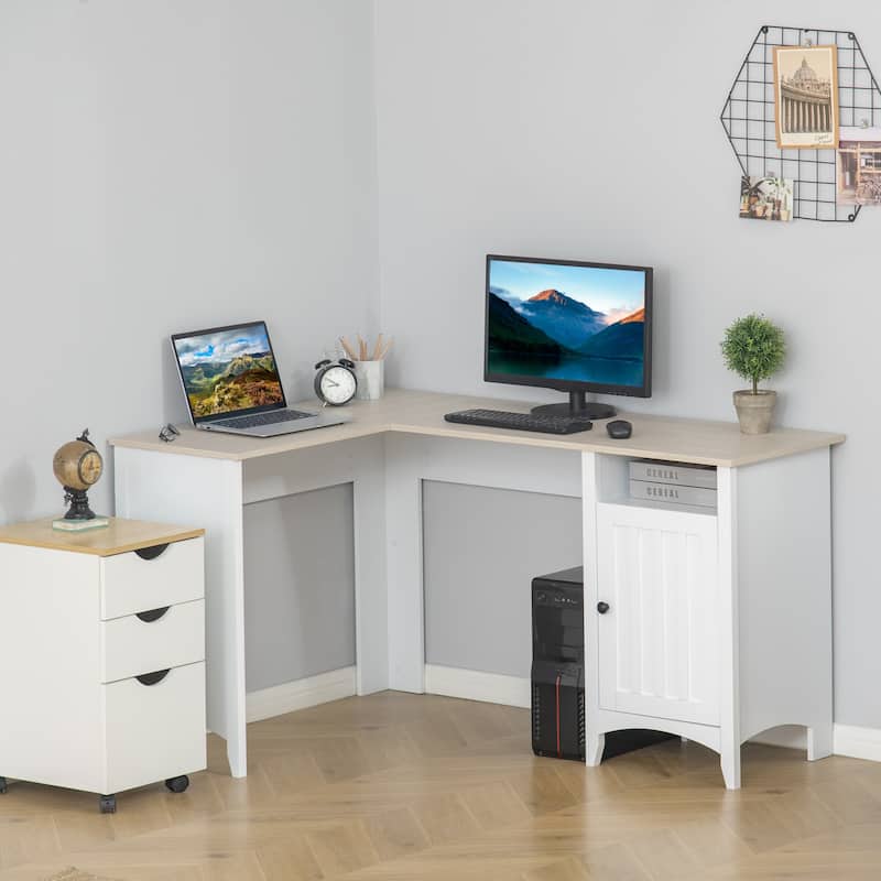 HOMCOM L-Shaped Computer Desk with Open Shelf and Storage Cabinet, Corner Writing Desk with Adjustable Shelf - Natural Wood, White