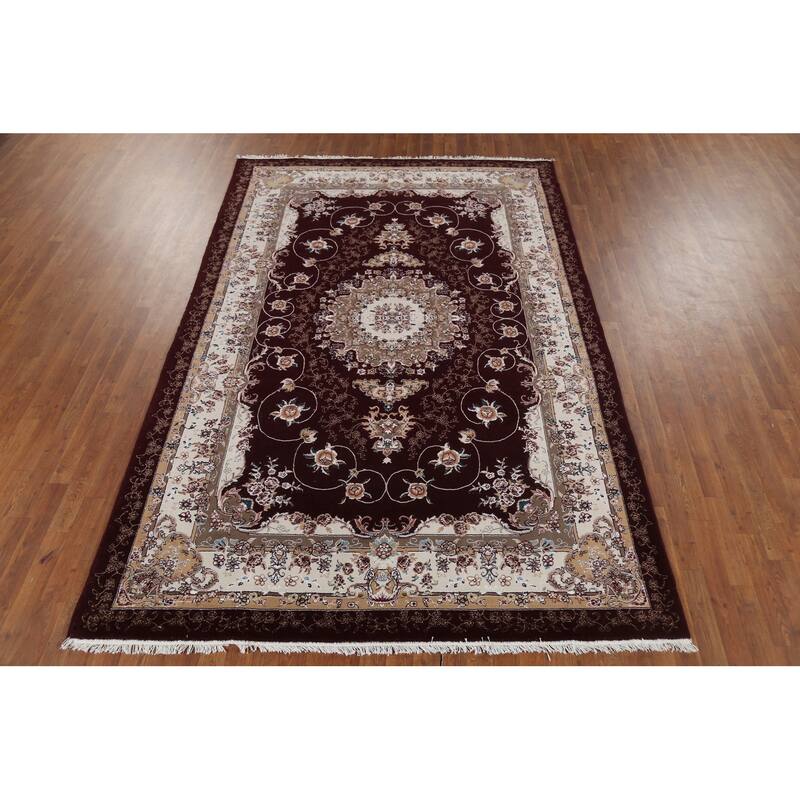 Burgundy Red Floral Aubusson Area Rug Machine Made Carpet - 6'6" x 9'10"