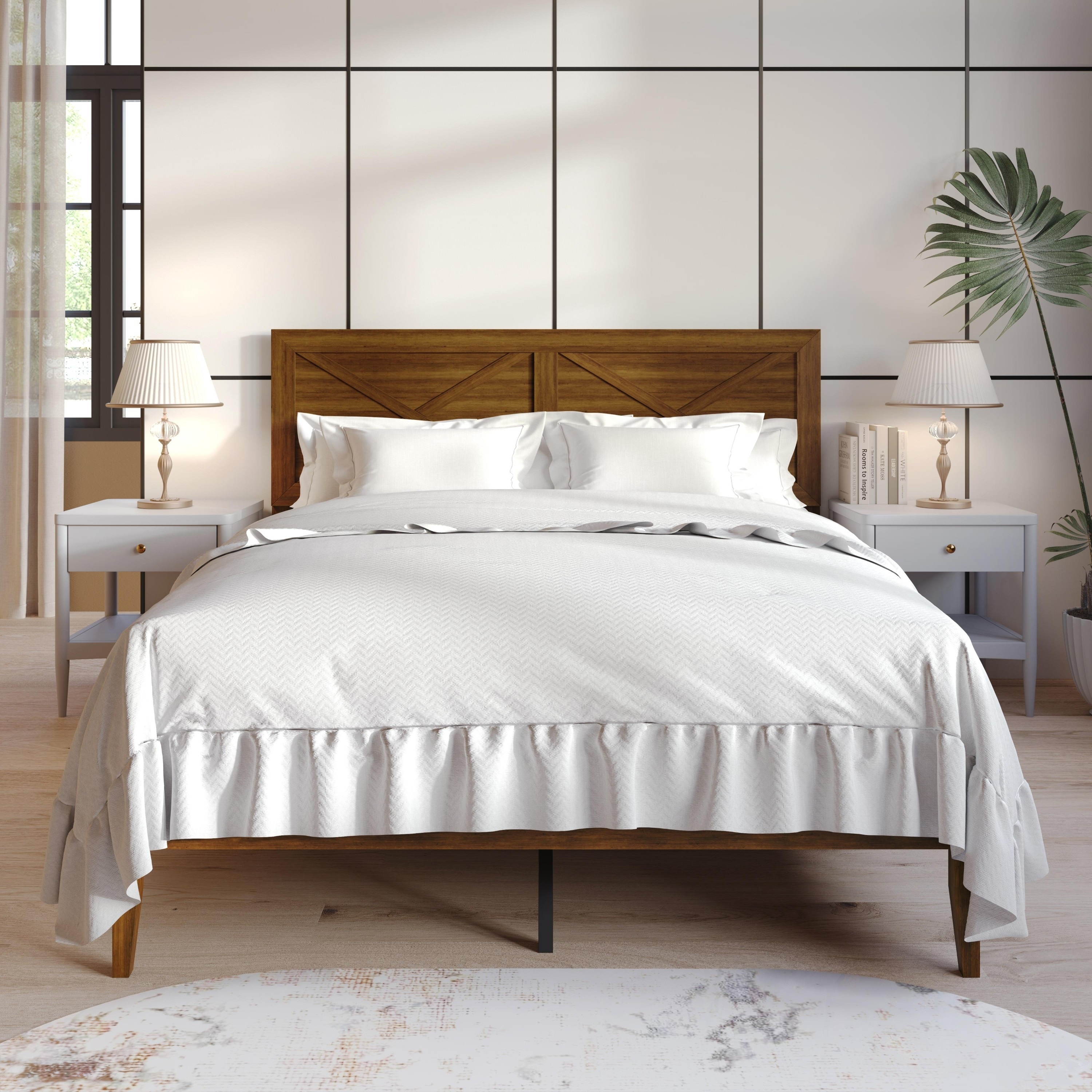 Clayfell Oxnard Solid Wood Platform Bed Frame with X-Pattern Headboard and Full Slat Support System