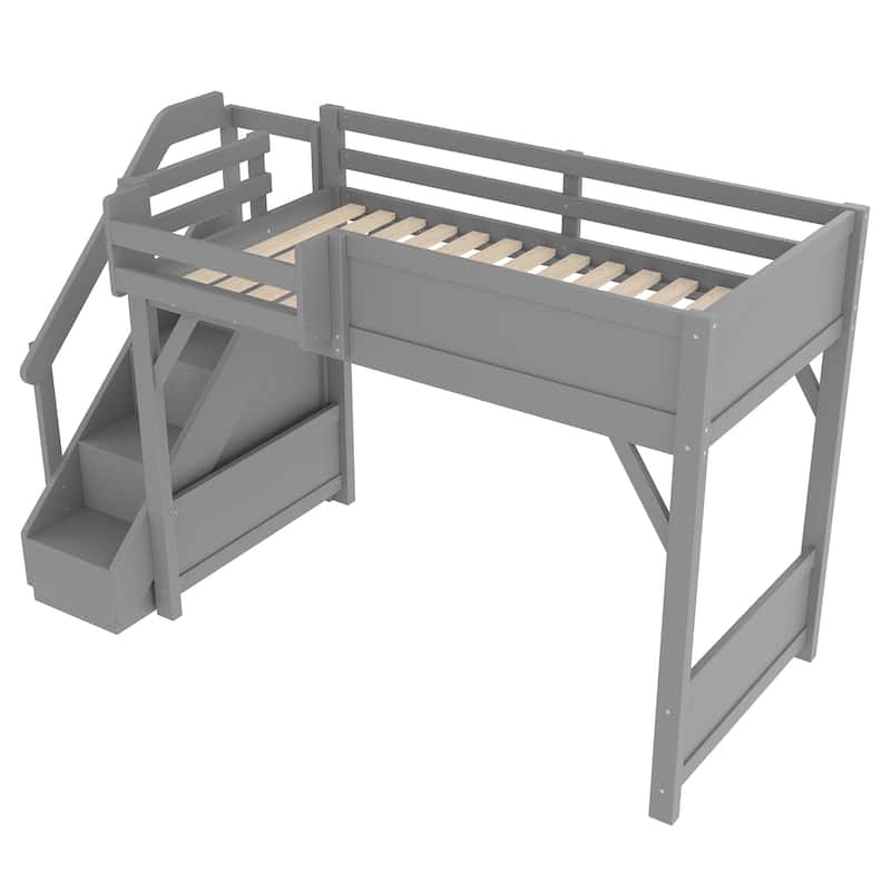 Full/Twin Loft Bed with Built-in Wardrobe, Storage & Stairs - Solid Wood, Full-Length Guardrails, No Box Spring