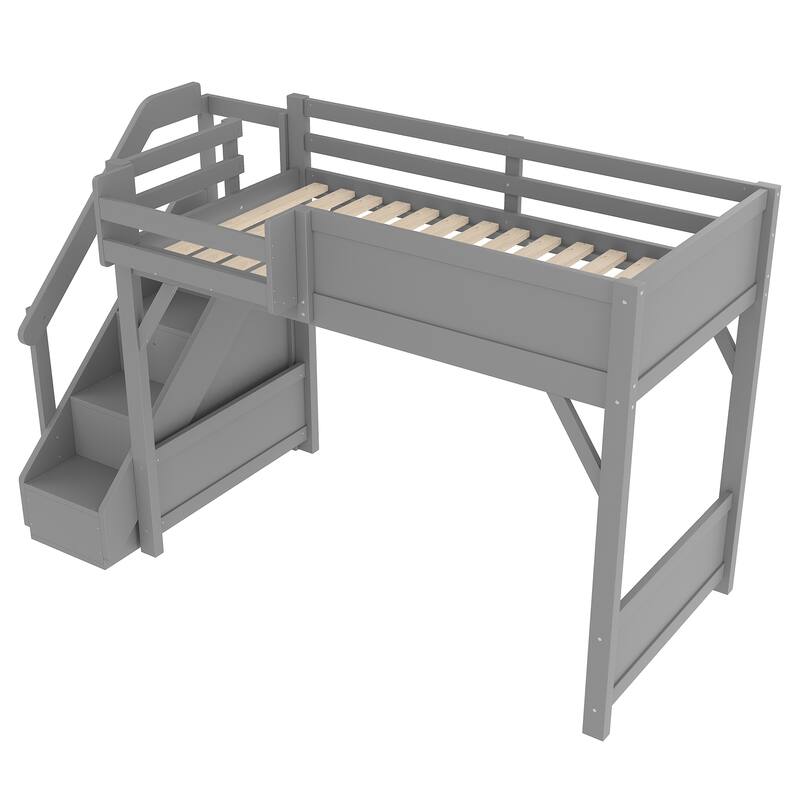 Twin Size Loft Bed with Built-in Wardrobe and Storage Space, Solid Wood Loft Bed with Beside Shelves