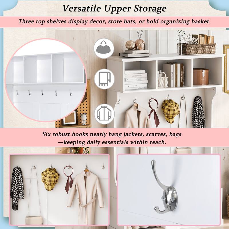 57 in Hall Tree with 6 Hooks, Entryway Bench, 3-in-1 Coat Rack with Drawer, Adjustable Shoe Shelves, 85 in H