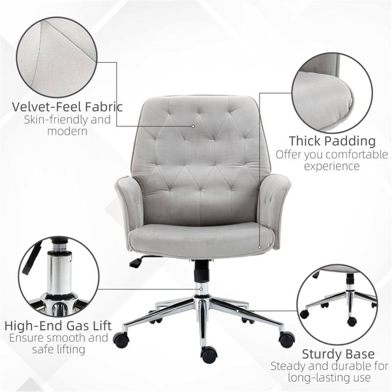 Velvet Office Chair with Adjustable Height Swivel Wheels - 26" W x 27.25" D x 35.25"-38.25" H