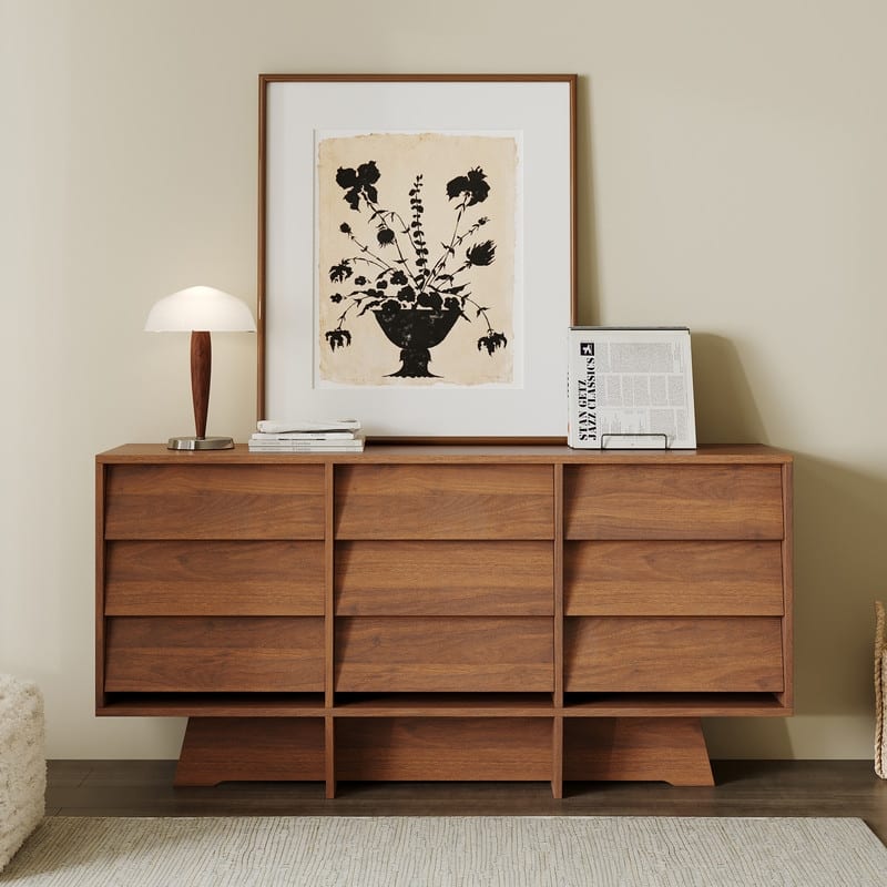 59" Mid Century Modern Sideboard Buffet Cabinet, Brown Wood Storage Cabinet with 9 Drawers for Living Room, Dining Room