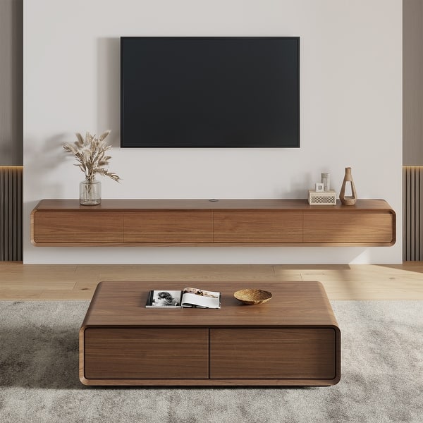 slide 2 of 13, Floating Modern TV Stand for Living Room, Wall-Mounted Entertainment Center with Storage Drawers, Solid Wood, Fully-Assembled 62.99"-3 Drawers - Brown