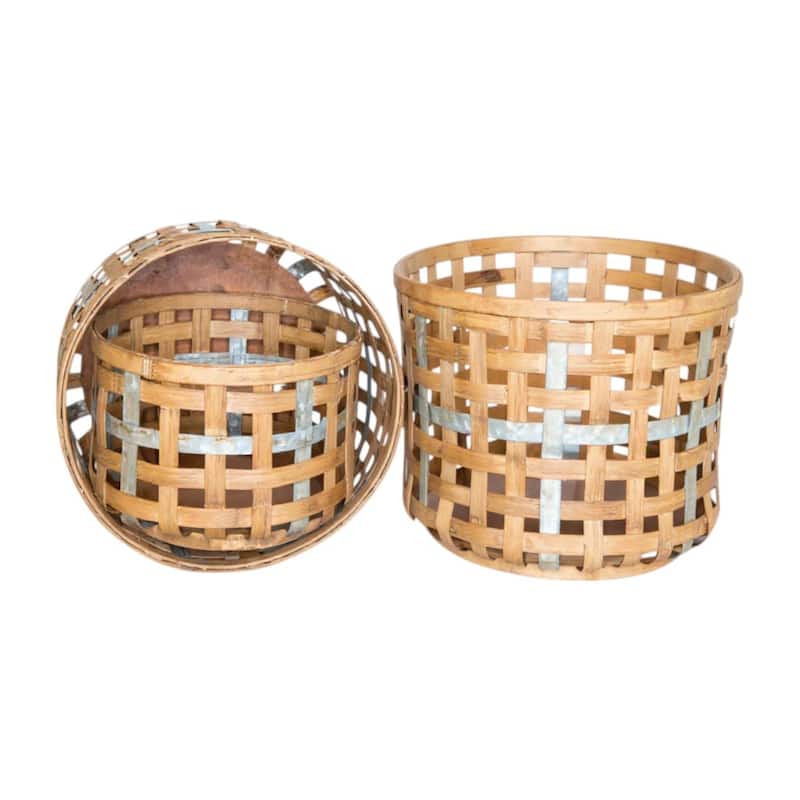 HomeRoots Set of Three Natural Wicker And Galvanized Metal Woven Baskets
