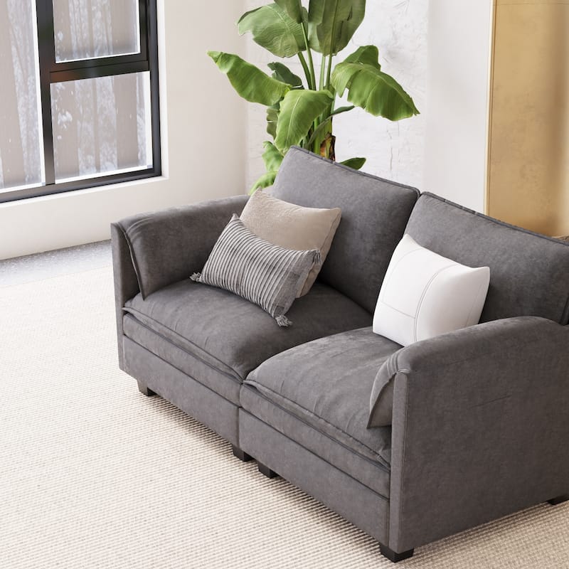 Solid Wood Loveseat Sofa, Fabric Upholstered Straight-Row 2 Seat Sofa, Lounge Sofa with Armrests for Small Spaces, Bedroom