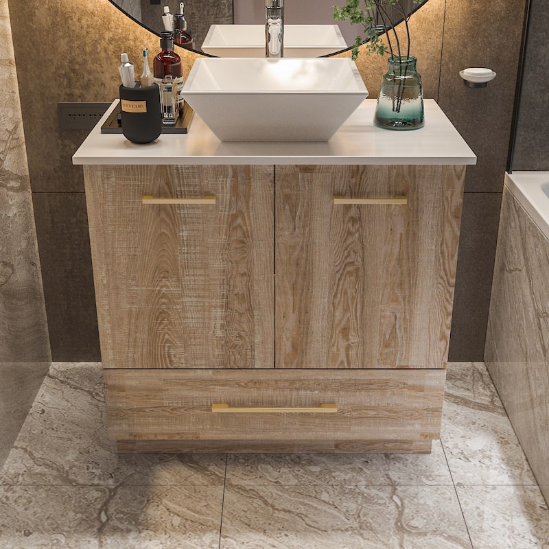Gleaming Vanity Set Ceramic Basin and LED Mirror Cabinet Combo