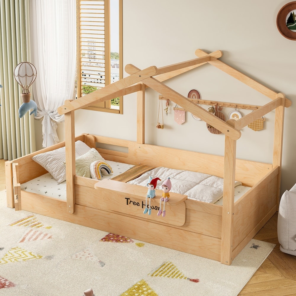 Montessori Floor Bed of 3 Kinds Size, House-shaped Platform Bed with Small Built-in Tray, Signboard and No Slats Design