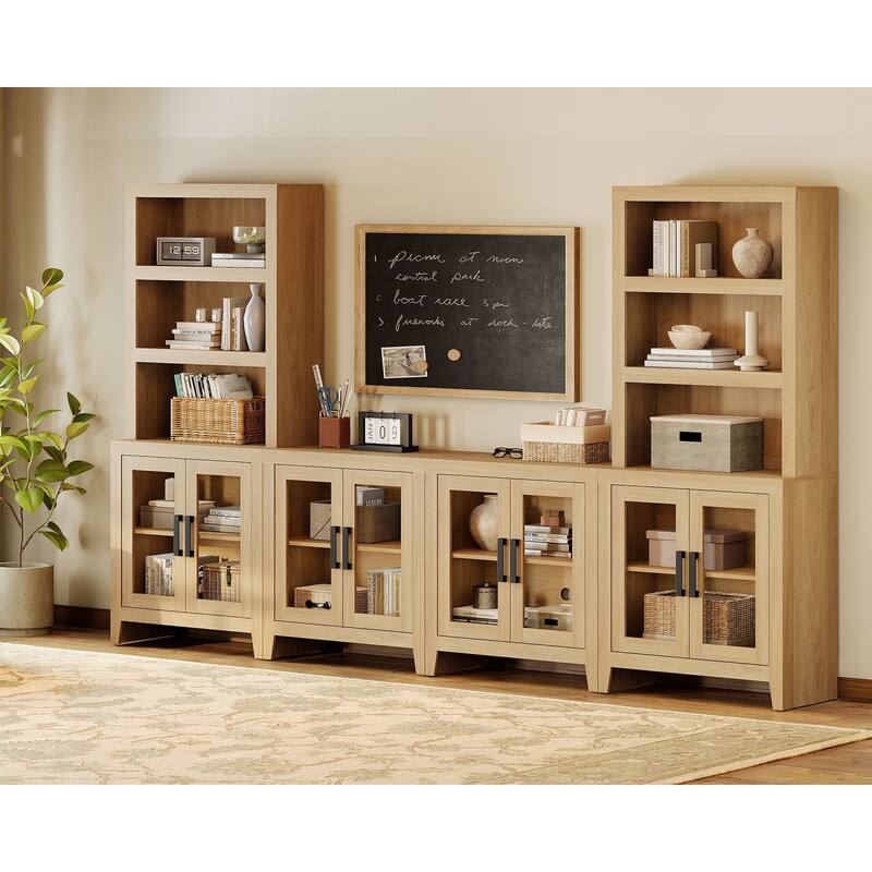 WAMPAT Farmhouse Entertainment Center with Bookshelves, Modular TV Stand with Storage Cabinets & Glass Doors