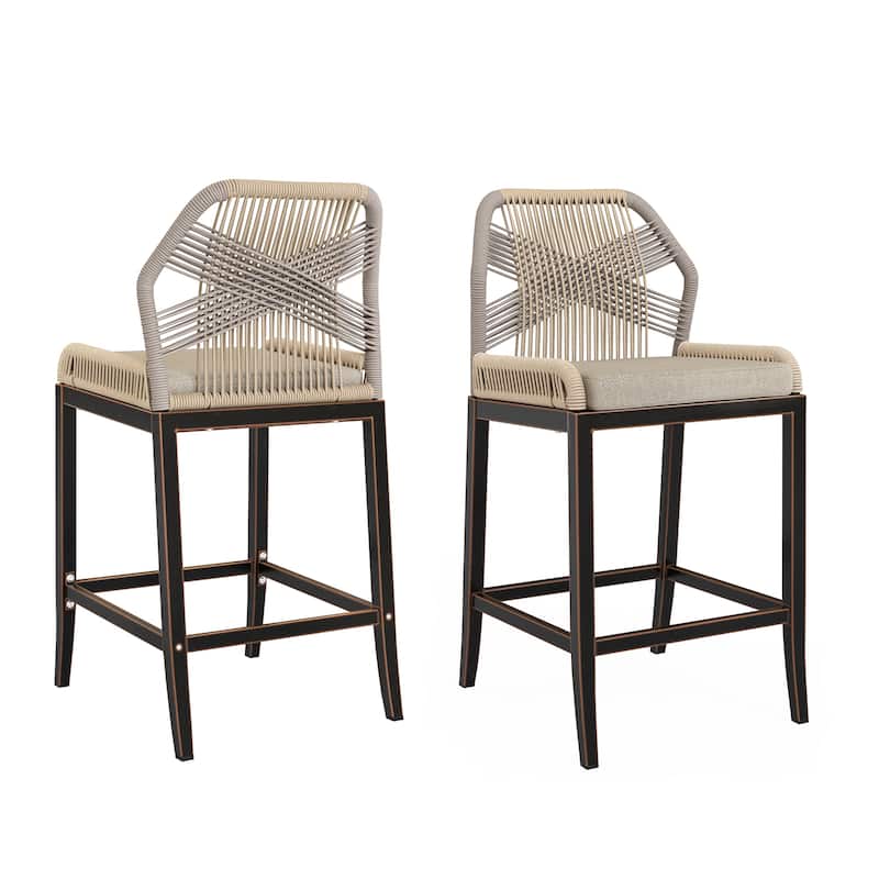 2 Set Modern Aluminum Twill Woven Outdoor Bar Stool Chair Set, Counter Height Stool with Back and Cushion - 40.6"H
